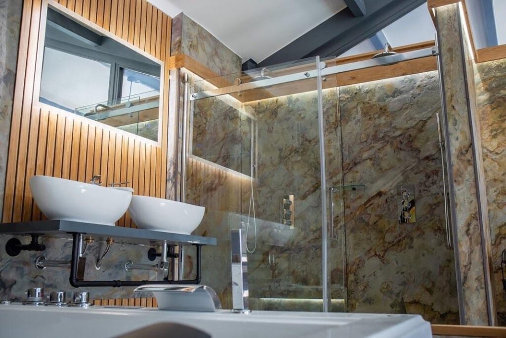Sketch flexible stone panels as a solution for bathroom déco